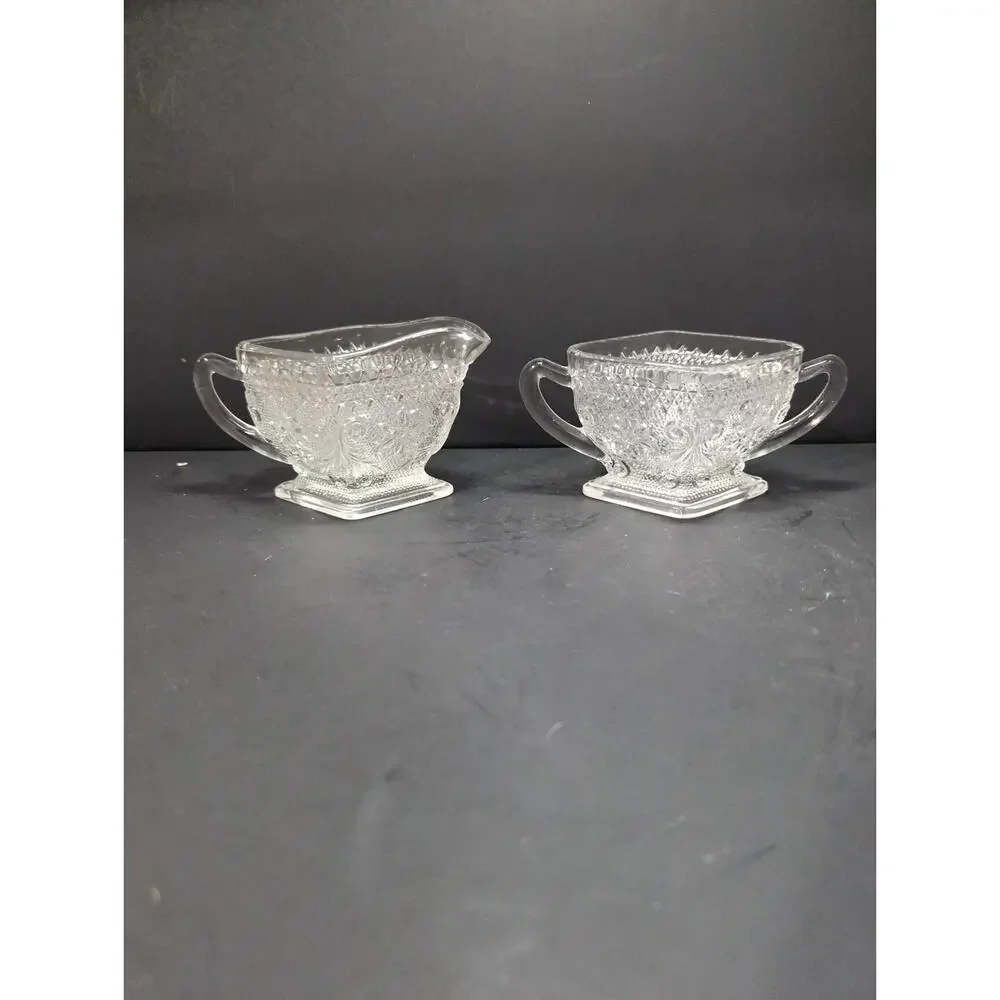 Indiana Glass Co. Sandwich Crystal Creamer & Sugar Set, Vintage Footed Glassware